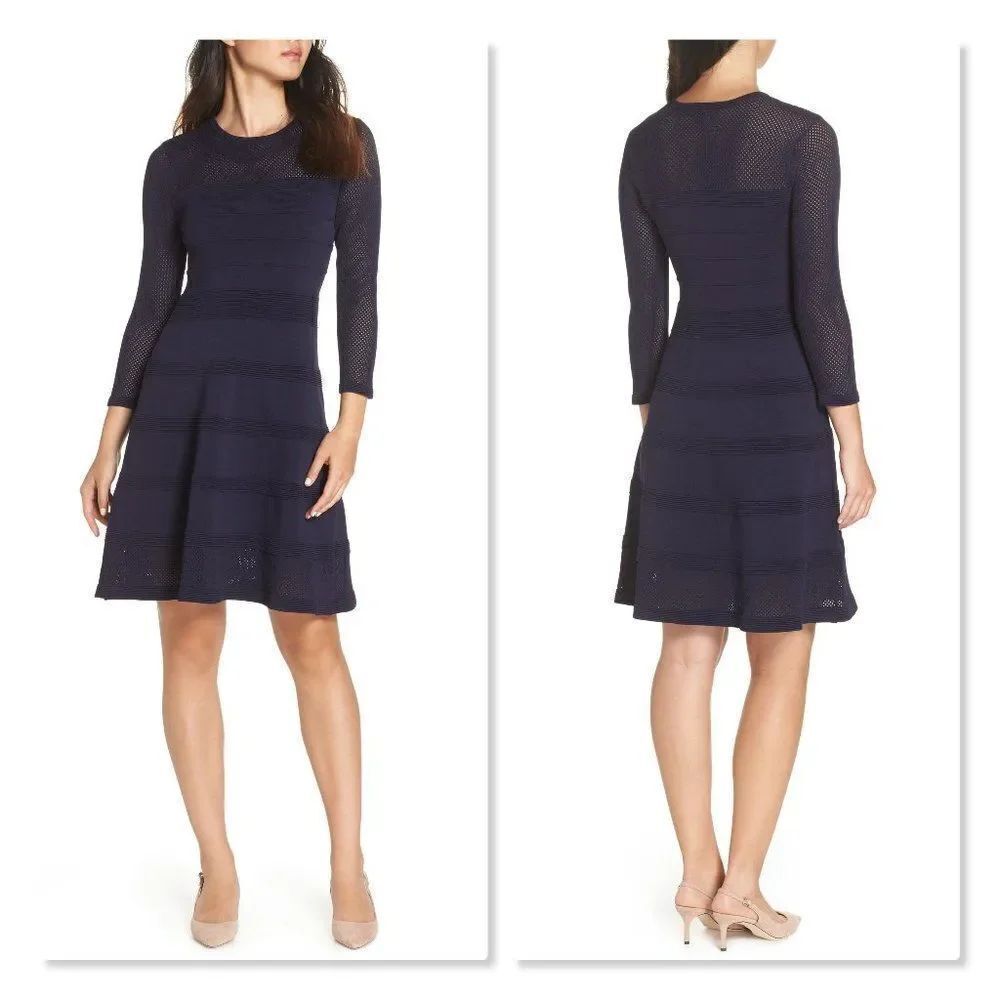 Vince Camuto Mix Stitch Pointelle Fit & Flare Dress size Medium in Navy